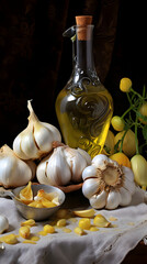 Gaarlic in olive oil, food, tasty Olive oil wiith garlic inside, italian oil