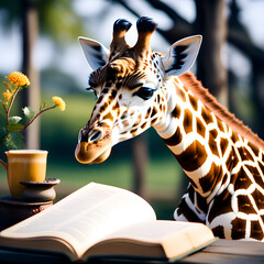 A young giraffe pretending to read a book. Generative AI.
