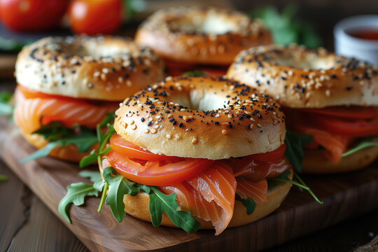 Bagels with smoked salmon and vegetables on wood Generative AI image