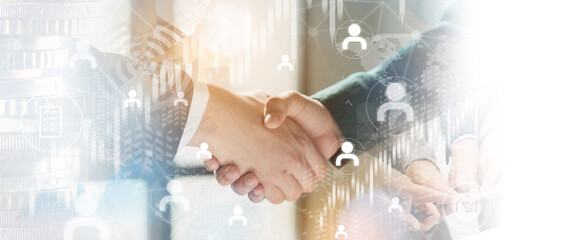 Double exposure of business handshake for successful of investment deal background, teamwork and partnership concept.connections concept. 