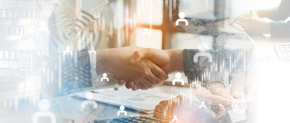 Double exposure of business handshake for successful of investment deal background, teamwork and partnership concept.connections concept. 