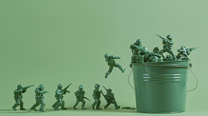 A group of green plastic toy soldiers is positioned in various stances of combat around and on top of a metal bucket. The green backdrop  enhances the monochrome aesthetic