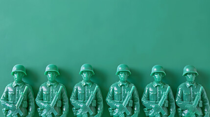 A row of green plastic toy soldiers is neatly arranged in profile, each molded in a standing pose with varying military equipment, showcased against a monochromatic teal backdrop. 
