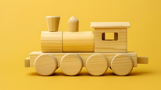A classic wooden toy train is showcased with its natural wooden texture, featuring cylindrical wheels and simple block-like components, presenting a minimalist on a vibrant yellow backdrop