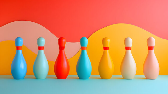 A row of colorful bowling pins is lined up neatly against a creatively designed backdrop with orange and yellow hills on a red background. 