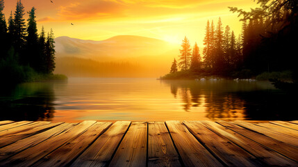 Wooden empty pier overlooking the lake at sunset on a summer evening - obrazy, fototapety, plakaty
