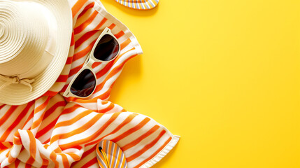 Beach accessories on the sand, top view