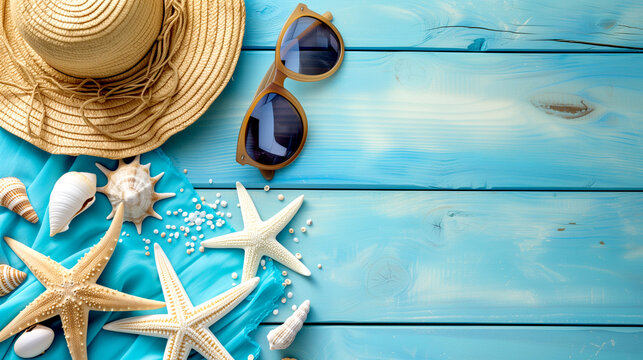 Hat, sunglasses and seashells on blue wooden background, flat lay - top view