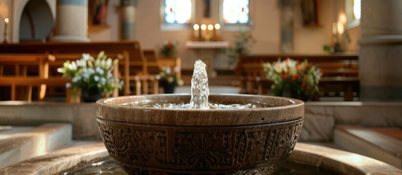 A baptismal font in a church, with water flowing gently from a fountain. In the background, there are colorful flowers adding a touch of nature to the scene.