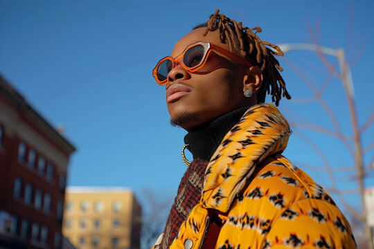Stylish African American man showcasing urban fashion. Generative AI image