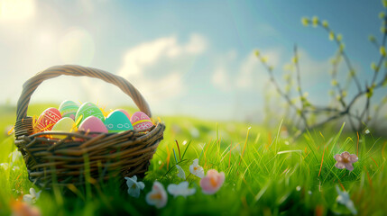 Easter eggs in a basket on a sunny day