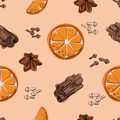 seamless pattern, orange, cinnamon, clove, pattern for textile industry, tableware. Fashion print 