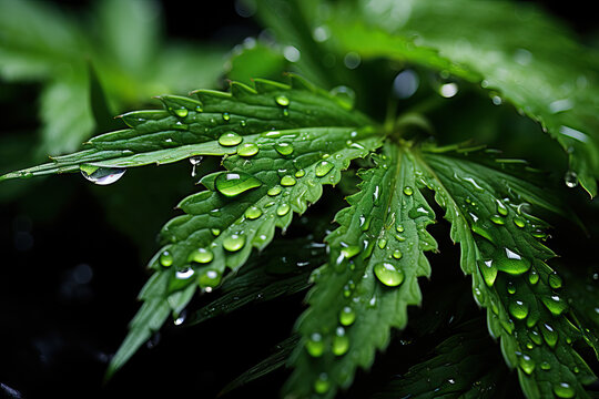 Fresh dew drops on vibrant green cannabis leaf Generative AI image