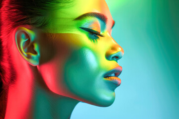 Androgynous model with bold rainbow lighting. Generative AI image