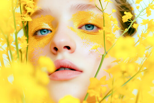 Androgynous model with yellow floral makeup. Generative AI image