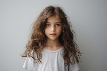 Portrait of a little girl with long curly hair on a gray background