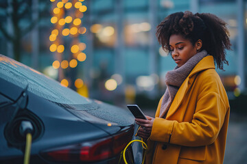 Woman charging electric car and using smartphone in city Generative AI image