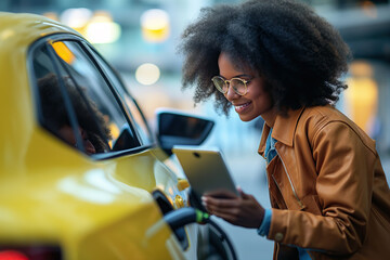 Smiling Woman Using Tablet Next to a Yellow Taxi Generative AI image