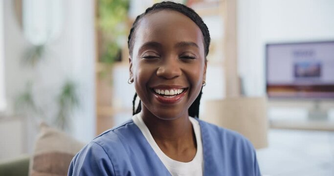 Black woman, face and nurse on sofa, happy and career pride for volunteer care or medical support. Caregiver, smile and portrait in lounge for healthcare service, positive and trust in nursing home
