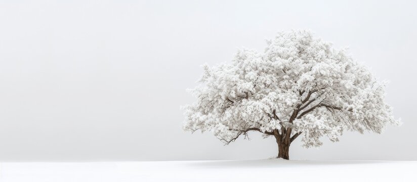 A majestic white tree stands tall in the middle of a snowy field. The stark contrast between the tree and its surroundings creates a striking image of winter beauty.