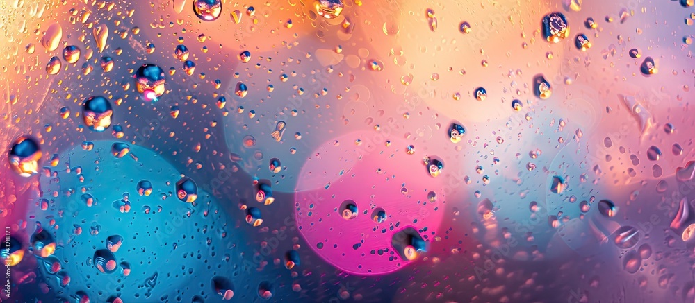 Poster a detailed close-up shot of a window covered with raindrops, capturing the intricate patterns and re