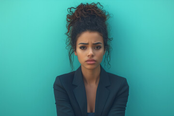 Sad business woman, young African American businesswoman with regretful and disappointed expression, job burnout on a blue background with copy space - obrazy, fototapety, plakaty