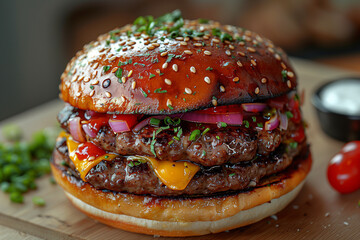photo d'un délicieux burger, pain au sésame, steak haché, cheddar, tomate, oignon, sauce ketchup