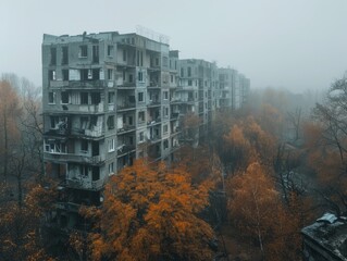 As autumn descends upon the city, a misty fog envelops the outdoor apartment building, with bare trees silhouetted against the wintry sky as seen through the window - Powered by Adobe