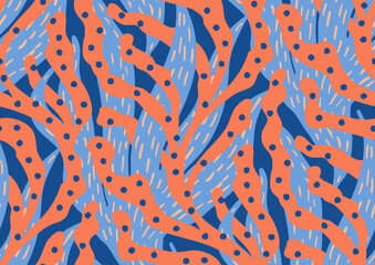 Seamless vector pattern with trailing corals and algae. Trendy peach fuzz pantone, apricot crush, blue colors. for beach swimsuit, sport active wear print, fabric, textile, wallpapers