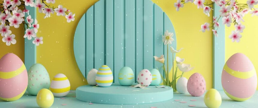 3d podium background themed Easter Eggs. Suitable for promotion product. Happy Easter. Copy space. Anamorphic video 