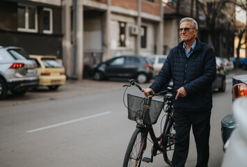 Fototapeta na wymiar Active elderly gentleman enjoys a healthy lifestyle, posing with his bike on an urban road, showcasing independence and fitness.