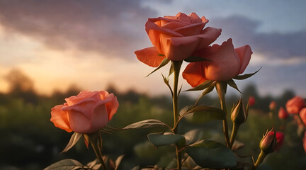 Spring Awakening: Blooming roses with beautiful landscape