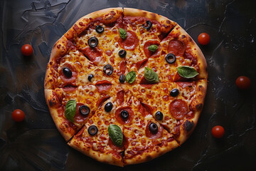 photo de pizza appétissante, pour menu, restaurant, pâte à pizza sauce tomate, fromage, gruyère râpé, pepperoni, feuilles de basilic, olives noires. 