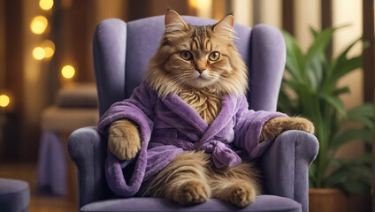funny cat in a bathrobe in a spa salon