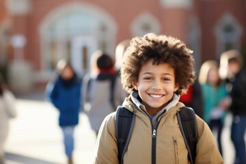 Happy Schoolboy with Backpack Smiling on First Day of School - obrazy, fototapety, plakaty