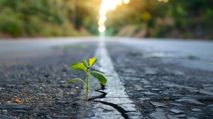 A young plant sprouting through a crack in the road under golden sunlight, a metaphor for new beginnings and growth against adversity.