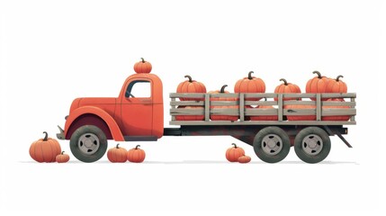 Minimalistic illustration of a classic red truck carrying pumpkins, great for agricultural, transport, and autumn harvest festival themes.