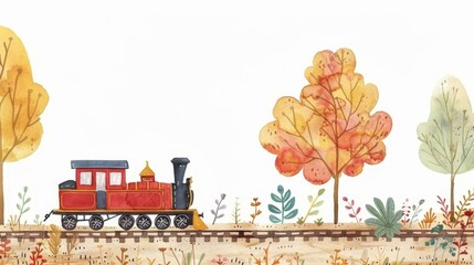 Watercolor painting of a whimsical train chugging through a forest with stylized trees, suitable for children's stories and seasonal decor.