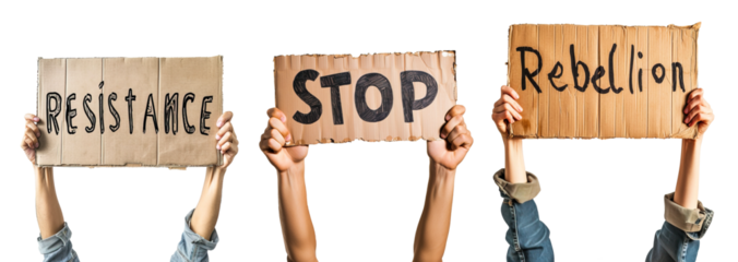 Collage of people rising banners for activism purposes that says resistance, stop and rebellion. Isolated transparent background