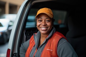 Smiling portrait of a delivery woman outside