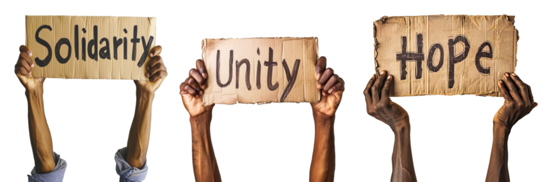 African American hands rising signs that says solidarity, unity and hope. Isolated over white transparent background
