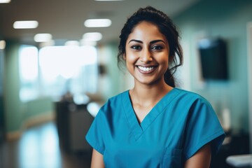 Young nurse in scrubs at a nursing home