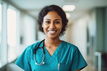 Young nurse in scrubs at a nursing home - obrazy, fototapety, plakaty