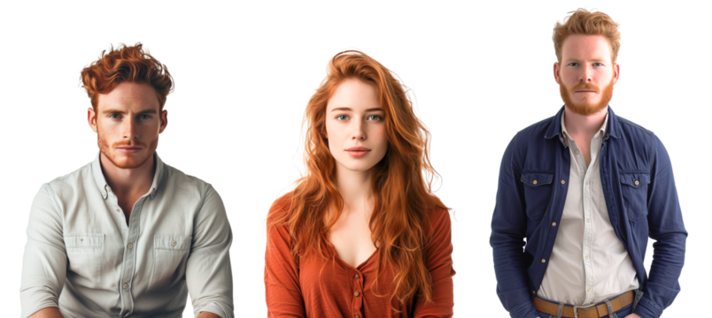 Red hair male and female people collage over isolated transparent background
