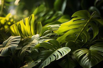 Close Up of Tropical Plants in the Forest with Golden Sunlight