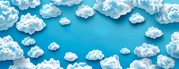 Illustration of a blue sky with many fluffy clouds with copy space in the middle - Powered by Adobe