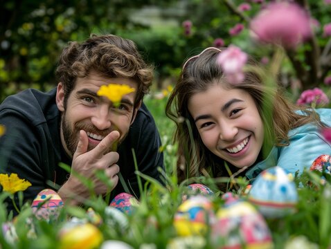 Two happy young people, a man and a woman smiling, are lying in the grass in a park or a garden during an Easter chocolate egg hunt, they are having fun, enjoying the outdoor activity in nature