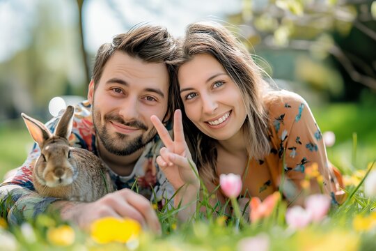 Adorable photograph of a couple in the garden, lying in the grass with a cute pet, they look happy, smiling, wear colorful clothes, nice vibrant smile, tender eyes, the woman makes a victory V sign
