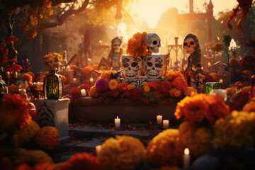 Spooky Day of the Dead celebration in a colorful cemetery