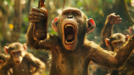 a monkey with its mouth wide open, holding a brown bottle, surrounded by other monkeys in a forest